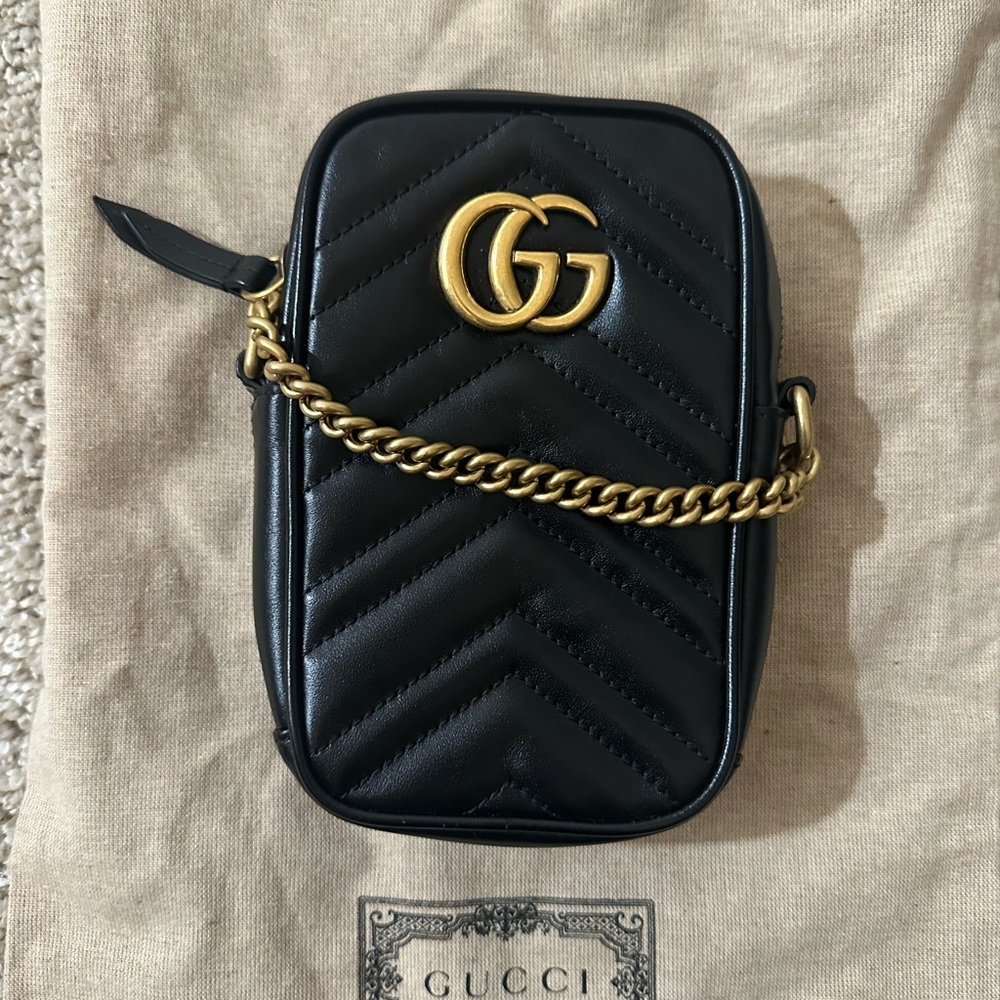 Gucci Black Quilted Leather Mini Crossbody with Gold Double G